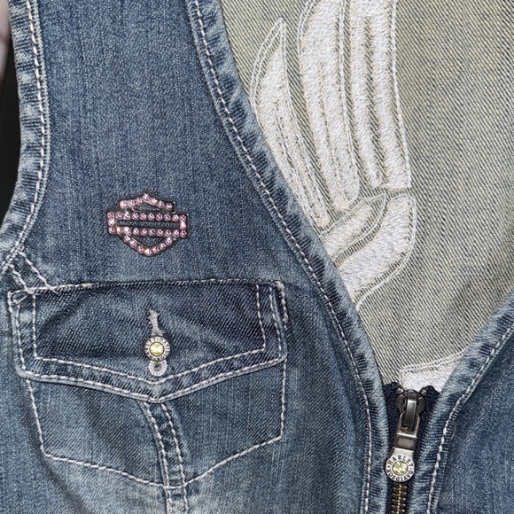 HARLEY DAVIDSON WOMENS DENIM JEAN ANGEL WING RHINESTONE VEST JACKET LARGE - Picture 7 of 9